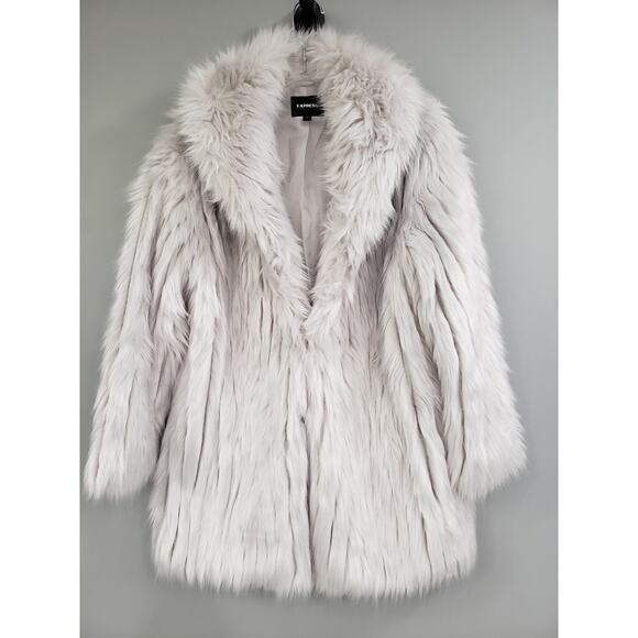 EXPRESS Faux Fur Coat Long Gray Glam Mob Boss y2k Women's Jacket Winter‎ Fall - Picture 1 of 5